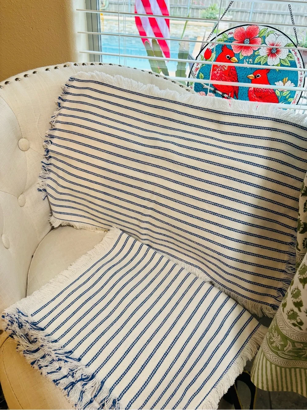 Farmhouse Blue & White Ticking Stripe Pillow Covers with Fringe – Set of 2